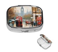 Pilulier rétro à 2 compartiments avec miroir - Impression de Londres - Petit pilulier pour sac à main ou poche - Organisateur décoratif en métal pour médicaments et vitamines - Cadeaux uniques