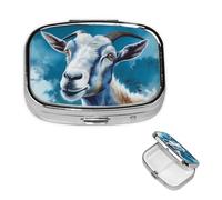 Pilulier rétro à 2 compartiments avec miroir - Imprimé chèvre bleue - Petit pilulier pour sac à main ou poche - Organisateur décoratif en métal pour médicaments et vitamines - Cadeau unique