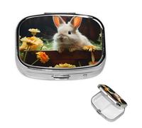 Pilulier rétro à 2 compartiments avec miroir - Lapin et fleur - Petit pilulier pour sac à main ou poche - Organisateur décoratif en métal pour médicaments et vitamines - Cadeau unique