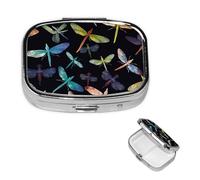 Pilulier rétro à 2 compartiments avec miroir - Libellule colorée - Petit pilulier pour sac à main ou poche - Organisateur décoratif en métal pour médicaments et vitamines - Cadeau unique