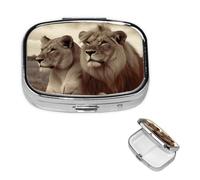 Pilulier rétro à 2 compartiments avec miroir - Lion africain et lionne - Petit pilulier décoratif en métal pour sac à main ou poche - Cadeau unique