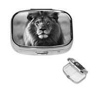 Pilulier rétro à 2 compartiments avec miroir - Lion africain noir et blanc - Petit pilulier décoratif pour sac à main ou poche - Organisateur de médicaments et de vitamines - Cadeau unique