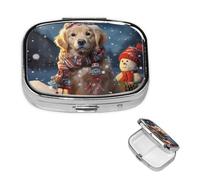 Pilulier rétro à 2 compartiments avec miroir - Motif chien mignon et bonhomme de neige - Petit pilulier décoratif en métal pour sac à main ou poche - Cadeau unique