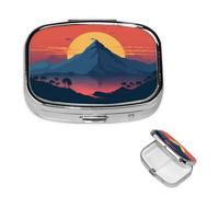 Pilulier rétro à 2 compartiments avec miroir - Motif coucher de soleil et montagne - Petit pilulier pour sac à main ou poche - Organisateur décoratif en métal pour médicaments et vitamines - Cadeau