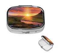 Pilulier rétro à 2 compartiments avec miroir - Motif coucher de soleil islandais - Petit pilulier pour sac à main ou poche - Organisateur décoratif en métal pour médicaments et vitamines - Cadeau