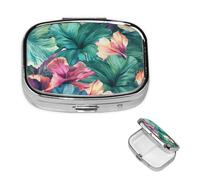 Pilulier rétro à 2 compartiments avec miroir - Motif floral tropical - Petit pilulier pour sac à main ou poche - Organisateur décoratif en métal pour médicaments et vitamines - Cadeau unique