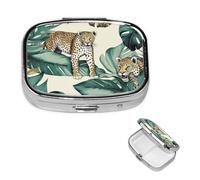 Pilulier rétro à 2 compartiments avec miroir - Motif léopard et feuilles de palmier - Petit pilulier pour sac à main ou poche - Organisateur de médicaments et de vitamines - Cadeau unique