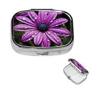 Pilulier rétro à 2 compartiments avec miroir - Motif marguerites violettes - Petit pilulier pour sac à main ou poche - Organisateur décoratif en métal pour médicaments et vitamines - Cadeau unique