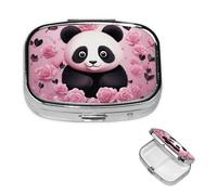 Pilulier rétro à 2 compartiments avec miroir - Motif panda rose - Petit pilulier pour sac à main ou poche - Organisateur décoratif en métal pour médicaments et vitamines - Cadeau unique