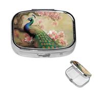 Pilulier rétro à 2 compartiments avec miroir - Motif paon oriental sur arbre à fleurs - Petit pilulier pour sac à main ou poche - Organisateur décoratif en métal pour médicaments et vitamines - Cadeau