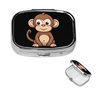 Pilulier rétro à 2 compartiments avec miroir - Motif singe marron - Petit pilulier pour sac à main ou poche - Organisateur décoratif en métal pour médicaments et vitamines - Cadeau unique