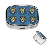 Pilulier rétro à 2 compartiments avec miroir - Motif tête de lion - Pour enfants - Bleu - Petit pilulier décoratif en métal pour sac à main ou poche - Cadeau unique