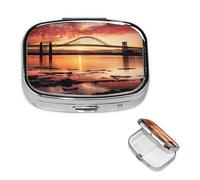 Pilulier rétro à 2 compartiments avec miroir Newark Bay Bridge et coucher de soleil - Petit pilulier décoratif en métal pour sac à main ou poche - Cadeau unique