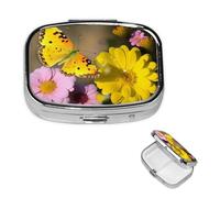 Pilulier rétro à 2 compartiments avec miroir - Papillon jaune et fleur - Petit pilulier pour sac à main ou poche - Organisateur décoratif en métal pour médicaments et vitamines - Cadeau unique