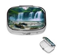 Pilulier rétro à 2 compartiments avec miroir - Paysage cascade - Petit pilulier pour sac à main ou poche - Organisateur décoratif en métal pour médicaments et vitamines - Cadeau unique