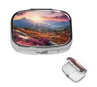 Pilulier rétro à 2 compartiments avec miroir - Paysage floral de montagne - Petit pilulier pour sac à main ou poche - Organisateur décoratif en métal pour médicaments et vitamines - Cadeau unique