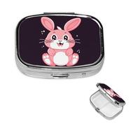 Pilulier rétro à 2 compartiments avec miroir - Petit pilulier en forme de lapin de dessin animé rose pour sac à main ou poche - Organisateur décoratif en métal pour médicaments et vitamines - Cadeau