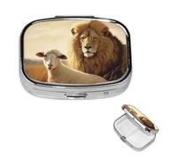 Pilulier rétro à 2 compartiments avec miroir - Petit pilulier en métal - Motif lion et mouton - Pour sac à main ou poche - Cadeau unique