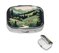 Pilulier rétro à 2 compartiments avec miroir - Petit pilulier extérieur paysage pour sac à main ou poche - Organisateur décoratif en métal pour médicaments et vitamines - Cadeau unique