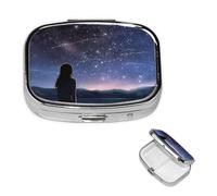 Pilulier rétro à 2 compartiments avec miroir - Petite boîte à pilules pour fille regardant les étoiles - Petit pilulier pour sac à main ou poche - Organisateur décoratif en métal pour médicaments et
