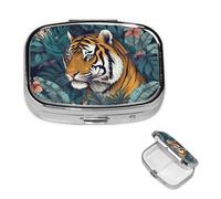 Pilulier rétro à 2 compartiments avec miroir - Tigre tropical - Petit pilulier pour sac à main ou poche - Organisateur décoratif en métal pour médicaments et vitamines - Cadeau unique