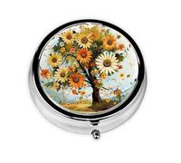 Pilulier rétro à 3 compartiments avec miroir - Arbre floral avec marguerites, tournesols et papillons - Petit pilulier pour sac à main ou poche - Organisateur décoratif en métal pour médicaments et