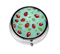 Pilulier rétro à 3 compartiments avec miroir - Coccinelles rouges sur fond bleu - Petit pilulier décoratif en métal pour sac à main ou poche - Cadeau unique
