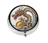 Pilulier rétro à 3 compartiments avec miroir - Dragon chinois avec perles - Petit pilulier décoratif en métal pour sac à main ou poche - Organisateur de médicaments et de vitamines - Cadeau unique