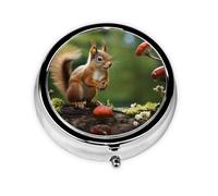 Pilulier rétro à 3 compartiments avec miroir - Écureuil rouge sur une petite colline verte - Petit pilulier décoratif en métal pour sac à main ou poche - Cadeau unique