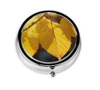 Pilulier rétro à 3 compartiments avec miroir - Feuilles jaunes - Petit pilulier pour sac à main ou poche - Organisateur décoratif en métal pour médicaments et vitamines - Cadeau unique