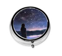 Pilulier rétro à 3 compartiments avec miroir - Fille regardant les étoiles - Petit pilulier pour sac à main ou poche - Organisateur décoratif en métal pour médicaments et vitamines - Cadeau unique