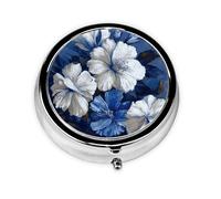 Pilulier rétro à 3 compartiments avec miroir - Grandes fleurs bleues et blanches - Petit pilulier pour sac à main ou poche - Organisateur décoratif en métal pour médicaments et vitamines - Cadeau