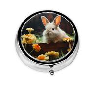 Pilulier rétro à 3 compartiments avec miroir - Lapin et fleur - Petit pilulier pour sac à main ou poche - Organisateur décoratif en métal pour médicaments et vitamines - Cadeau unique