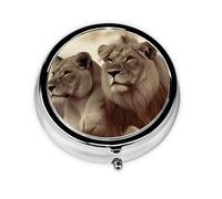 Pilulier rétro à 3 compartiments avec miroir - Lion africain et lionne - Petit pilulier décoratif en métal pour sac à main ou poche - Cadeau unique