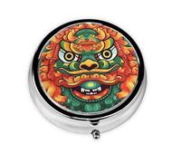 Pilulier rétro à 3 compartiments avec miroir - Lion chinois - Nouvel An - Petit pilulier décoratif en métal pour sac à main ou poche - Cadeau unique