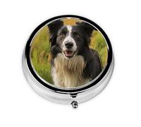 Pilulier rétro à 3 compartiments avec miroir Mohado Border Collie Dog Petit pilulier pour sac à main ou poche - Organisateur décoratif en métal pour médicaments et vitamines - Cadeau unique