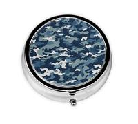 Pilulier rétro à 3 compartiments avec miroir - Motif camouflage bleu marine - Petit pilulier pour sac à main ou poche - Organisateur décoratif en métal pour médicaments et vitamines - Cadeau unique