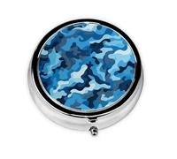 Pilulier rétro à 3 compartiments avec miroir - Motif camouflage bleu - Petit pilulier pour sac à main ou poche - Organisateur décoratif en métal pour médicaments et vitamines - Cadeau unique