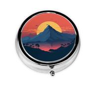 Pilulier rétro à 3 compartiments avec miroir - Motif coucher de soleil et montagne - Petit pilulier pour sac à main ou poche - Organisateur décoratif en métal pour médicaments et vitamines - Cadeau