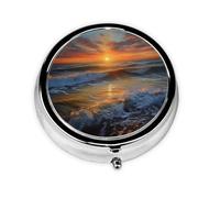 Pilulier rétro à 3 compartiments avec miroir - Motif coucher de soleil - Paysage marin - Petit pilulier pour sac à main ou poche - Organisateur décoratif en métal pour médicaments et vitamines