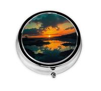 Pilulier rétro à 3 compartiments avec miroir - Motif coucher de soleil - Petit pilulier pour sac à main ou poche - Organisateur décoratif en métal pour médicaments et vitamines - Cadeau unique