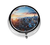 Pilulier rétro à 3 compartiments avec miroir - Motif horizon de New York - Petit pilulier pour sac à main ou poche - Organisateur décoratif en métal pour médicaments et vitamines - Cadeau unique