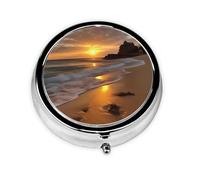 Pilulier rétro à 3 compartiments avec miroir - Motif lever de soleil - Pour sac à main ou poche - En métal - Cadeau unique