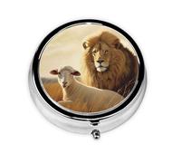 Pilulier rétro à 3 compartiments avec miroir - Motif lion et mouton - Petit pilulier décoratif en métal pour sac à main ou poche - Cadeau unique