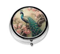 Pilulier rétro à 3 compartiments avec miroir - Motif paon oriental sur arbre à fleurs - Petit pilulier pour sac à main ou poche - Organisateur décoratif en métal pour médicaments et vitamines - Cadeau