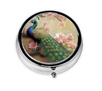 Pilulier rétro à 3 compartiments avec miroir - Motif paon oriental sur arbre à fleurs - Petit pilulier pour sac à main ou poche - Organisateur décoratif en métal pour médicaments et vitamines - Cadeau