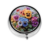 Pilulier rétro à 3 compartiments avec miroir - Motif pensées - Pour sac à main ou poche - En métal - Cadeau unique