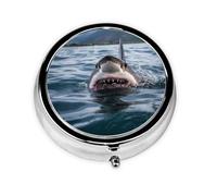 Pilulier rétro à 3 compartiments avec miroir - Motif requin dans le lac - Petit pilulier pour sac à main ou poche - Organisateur décoratif en métal pour médicaments et vitamines - Cadeau unique