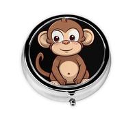 Pilulier rétro à 3 compartiments avec miroir - Motif singe marron - Petit pilulier pour sac à main ou poche - Organisateur décoratif en métal pour médicaments et vitamines - Cadeau unique