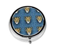 Pilulier rétro à 3 compartiments avec miroir - Motif tête de lion - Pour enfants - Bleu - Petit pilulier décoratif en métal pour sac à main ou poche - Cadeau unique